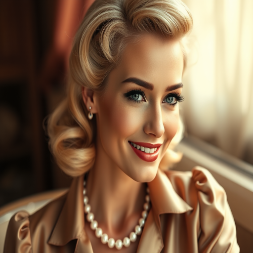 A beautiful Mizrahi woman reminiscent of 1950s Hollywood glamour, with perfectly styled blonde hair and a seductive smile, dressed in a satin blouse and adorned with pearls, soft and warm tones, photorealistic, 8K