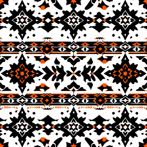 Create a high-resolution repeating pattern of tribal geometric designs with alternating black, white, and orange colors, using a DSLR camera type, 50mm lens, f/8 aperture, ISO 100, natural lighting, and a top-down view to enhance overall clarity and detail.
