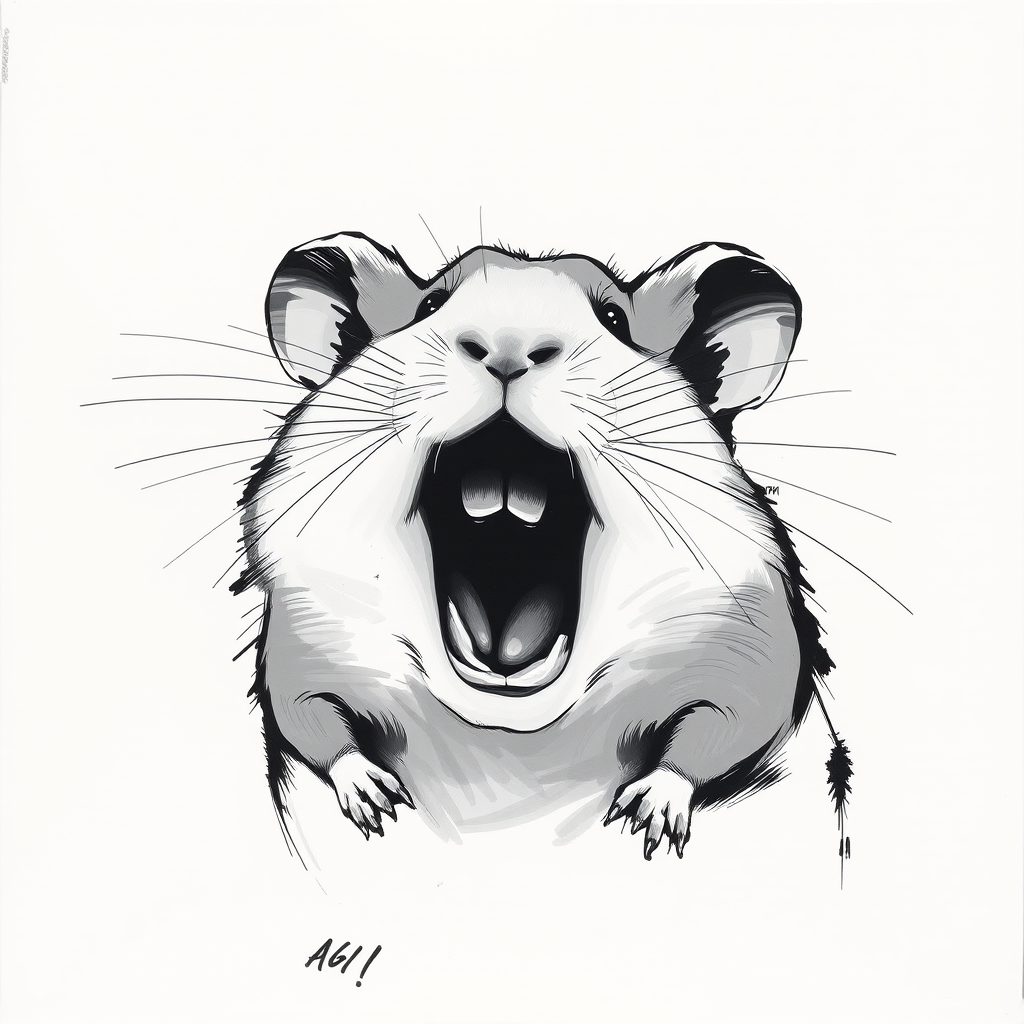 Abstract black and white acrylic portrait of an over exaggerated laughing (hamster). Minimalism style. White background.