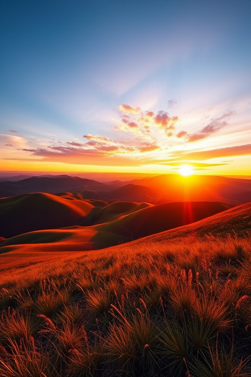 Create a high-resolution image of a serene landscape with rolling hills at sunset, using a DSLR camera with a 50mm lens, aperture set to f/1.8, ISO 100, and a wide-angle perspective to capture the vibrant colors and depth of the scenery.