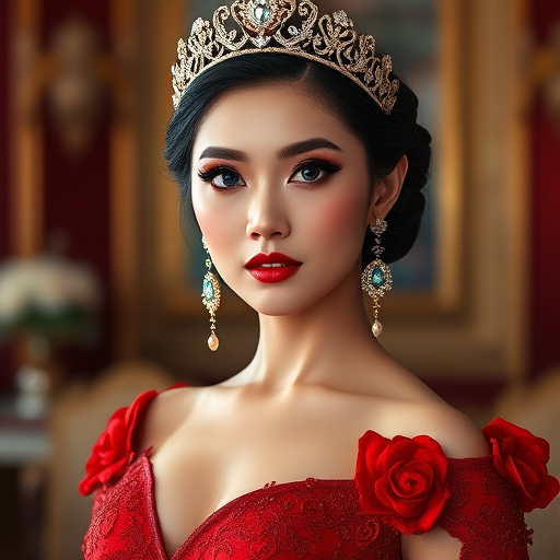 A gorgeous Vietnamese woman in a luxurious red gown, accessorized with a dazzling tiara and statement earrings, her deep cyan eyes highlighted by impeccable makeup, poised in a royal setting, photorealistic, 8K quality