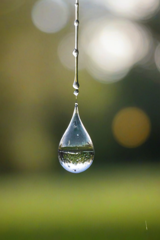 High-resolution photo of a single drop of water suspended in mid-air, frozen in time, soft light reflecting off its surface, with the blurred outline of a lush green garden in the background.