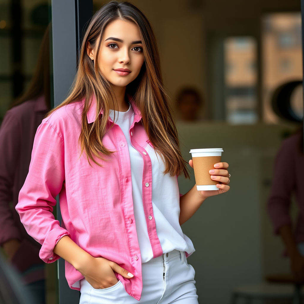 A young woman with long brown hair stands with her back against a glass door, wearing a pink button-down shirt over a white T-shirt and white pants, holding a cup of coffee in her right hand. The woman is looking directly at the viewer, her expression is neutral. Her right hand is tucked into the pocket of her pants while her left hand holds the coffee cup. The lighting is soft and natural, highlighting her features. The background is blurred, with the focus on the woman. The photo is taken from a slightly elevated perspective, showcasing the woman's full figure.