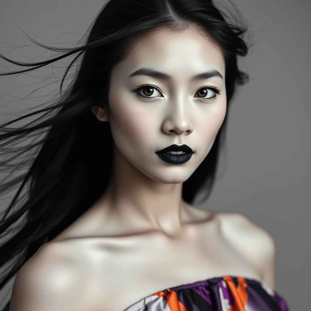 Photographic image of a beautiful young Ainu woman, brown eyes, lips with black lipstick, long hair fluttering in the wind and wearing a silk strapless dress with a soft purple and orange print. monochrome image with only color highlights in the iris of the eyes, lipstick and dress. Gray background.
