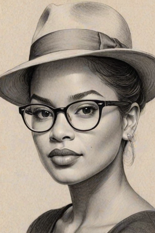 Beauteous Ne-Yo, pencil sketch, portrait of Resplendent woman 1952s in glasses, hair style beatnik, outline, clear lines, fine lines, 8k