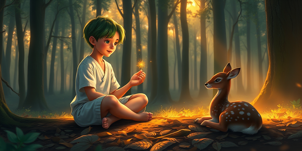 A luminous digital painting of a serene forest scene featuring a barefoot young male, about 7 years old, with green hair and fair skin, dressed in a simple white outfit. He sits cross-legged on the forest floor, gazing at a small, glowing, magical firefly in his hand. Beside him, a delicate spotted deer lies calmly on a bed of dried leaves, observing the scene. The dense forest is bathed in warm, golden light filtering through the trees, creating a peaceful, magical atmosphere with a blend of natural and mystical elements.