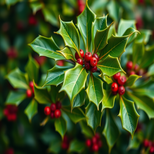 Generate a high-resolution image of a holly plant with bright green leaves and red berries, using a macro lens at f/2.8, 1/200s exposure, ISO 100, with soft lighting and a blurred background for depth.