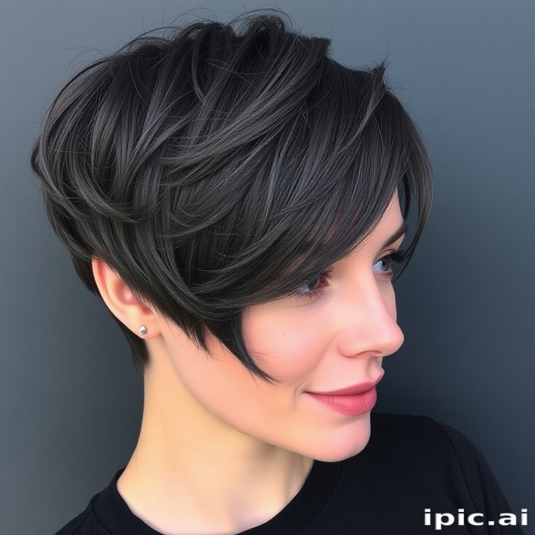 Smoky charcoal gray hair styled in a textured pixie cut with long, side-swept bangs, the Storm Cloud Chic style exudes edgy elegance and modern allure