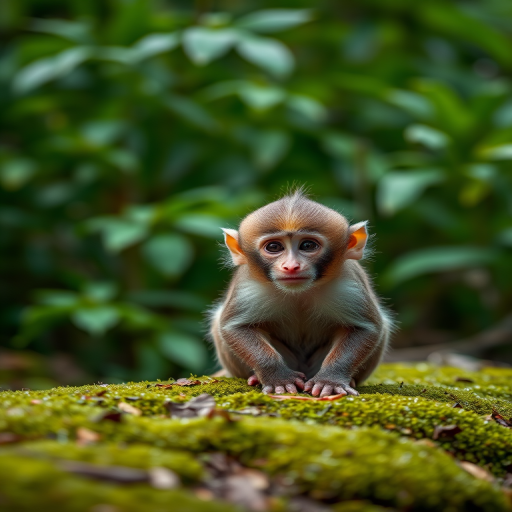 Create a highly detailed portrait of a small, furry monkey sitting on mossy ground with lush green foliage in the background, using a DSLR camera with a 50mm lens, aperture set to f/2.8, ISO 100, and shot from a low angle to enhance depth of field and focus on the subject.