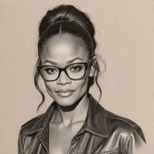 Delightful Robin Givens, pencil sketch, portrait of Comely woman 1975s in glasses, hair style beatnik, outline, clear lines, fine lines, 8k