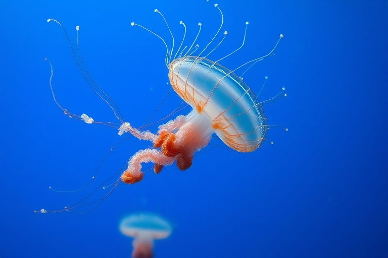 underwater shot of jellyfish in vibrant blue ocean, using a DSLR camera with a 50mm lens, f/2.8 aperture, ISO 400, shutter speed 1/125s, soft focus background, high dynamic range for enhanced colors and details