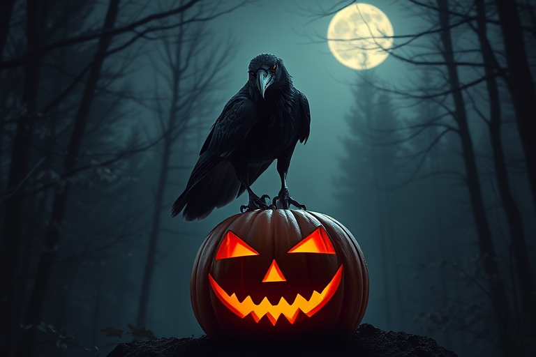 A raven perched on a carved pumpkin with a sinister grin glowing from within surrounded by a dark forest and misty moonlight creating an eerie atmosphere.