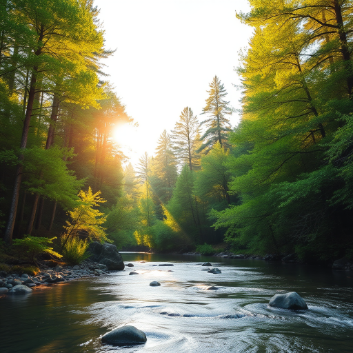 Create an image of a serene, sunlit forest scene with a clear, gently flowing river. Tall trees with lush green foliage line both sides of the river, their leaves bathed in the warm golden light of the setting or rising sun. The sunlight filters through the trees, casting soft, dappled light on the river, which flows over smooth rocks and pebbles, creating a peaceful, natural atmosphere. The sky is bright with a few scattered clouds, and the overall mood is tranquil, evoking a deep sense of connection with nature. The image captures the beauty of a calm, pristine forest landscape at either dawn or dusk.