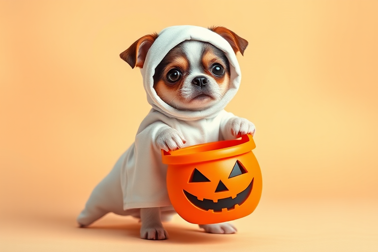 generate an illustration of a small dog dressed as a ghost for Halloween holding an orange bucket with a jack-o'-lantern face, shot with a Canon EOS R5, 50mm lens, f/2.8, ISO 100, soft lighting, pastel background, high-resolution, digital art style.