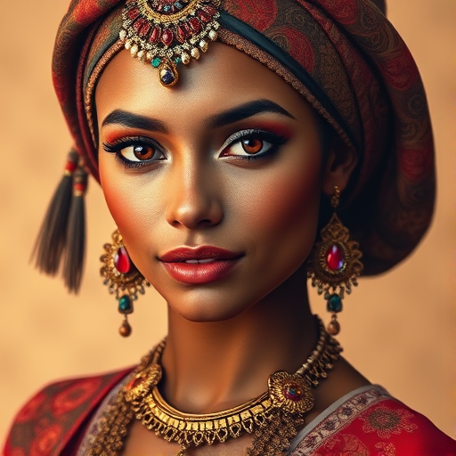 Create a portrait of a beautiful Polynesian woman with striking red eyes and a gentle expression. She is adorned in traditional attire with intricate patterns, including a richly embroidered headscarf and matching garments. Her jewelry includes a delicate headpiece, dangling earrings, and ornate bracelets, all featuring vibrant gemstones and detailed metalwork. The background is soft and warm, enhancing the rich colors of her outfit and jewelry.
