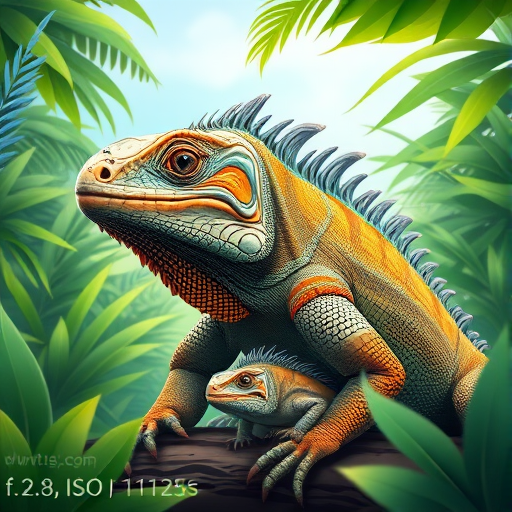 Illustration of a large, detailed iguana with a smaller iguana nestled beside it, vibrant rainforest background with lush green foliage and soft blue sky, camera settings: f/2.8, ISO 100, shutter speed 1/125s, camera view: close-up, camera style: hyper-realistic, camera type: DSLR.
