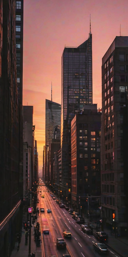 Sharp, high-contrast image of a city skyline at sunset, the buildings silhouetted against a vibrant orange and pink sky, soft light reflecting off the glass windows, distant cars and pedestrians moving through the streets below, a sense of urban energy captured.