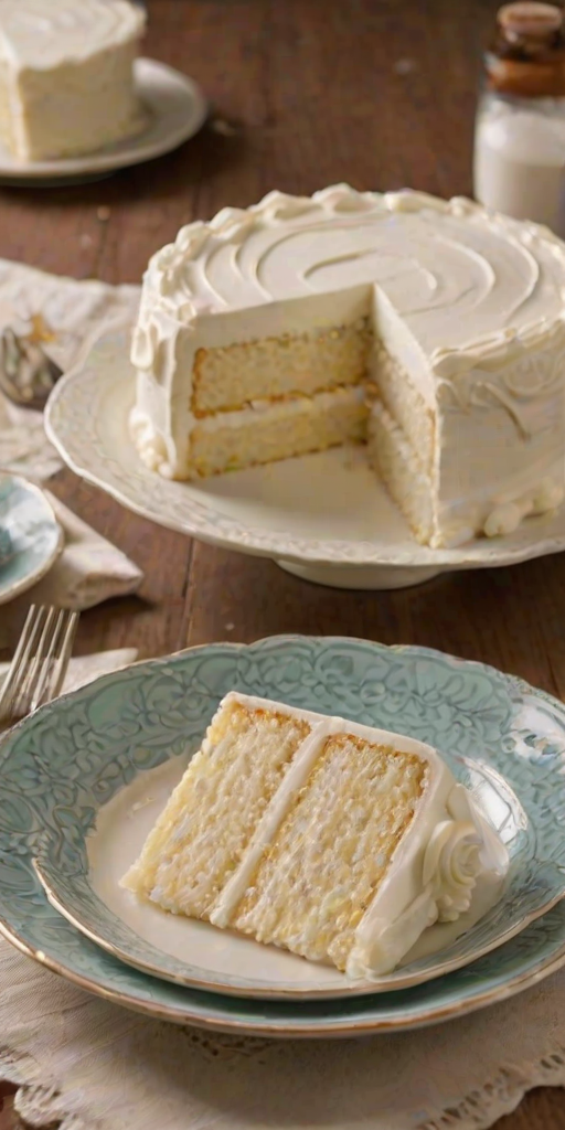 Create an image of a slice of white cake with creamy frosting on a decorative plate. The background should be softly blurred to create a warm and inviting atmosphere. Include subtle details like a vintage fork and soft lighting to enhance the dessert's appeal.