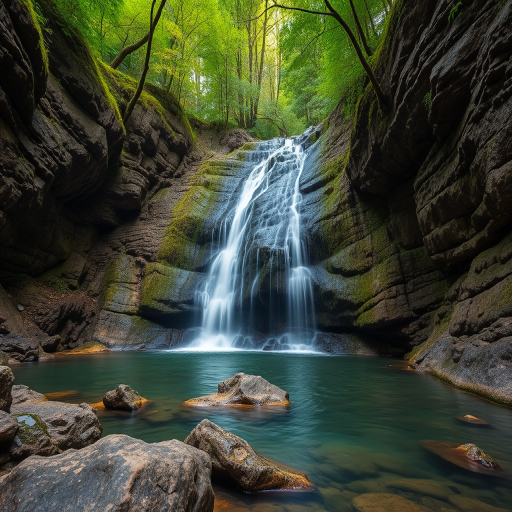 Capture a high-resolution image of a forest waterfall cascading down rocky cliffs into a serene pool, shot with a Canon EOS R5 at f/8, ISO 100, 1/60 sec, wide-angle lens, in soft natural light with a focus on vibrant greens and the textures of the rocks.
