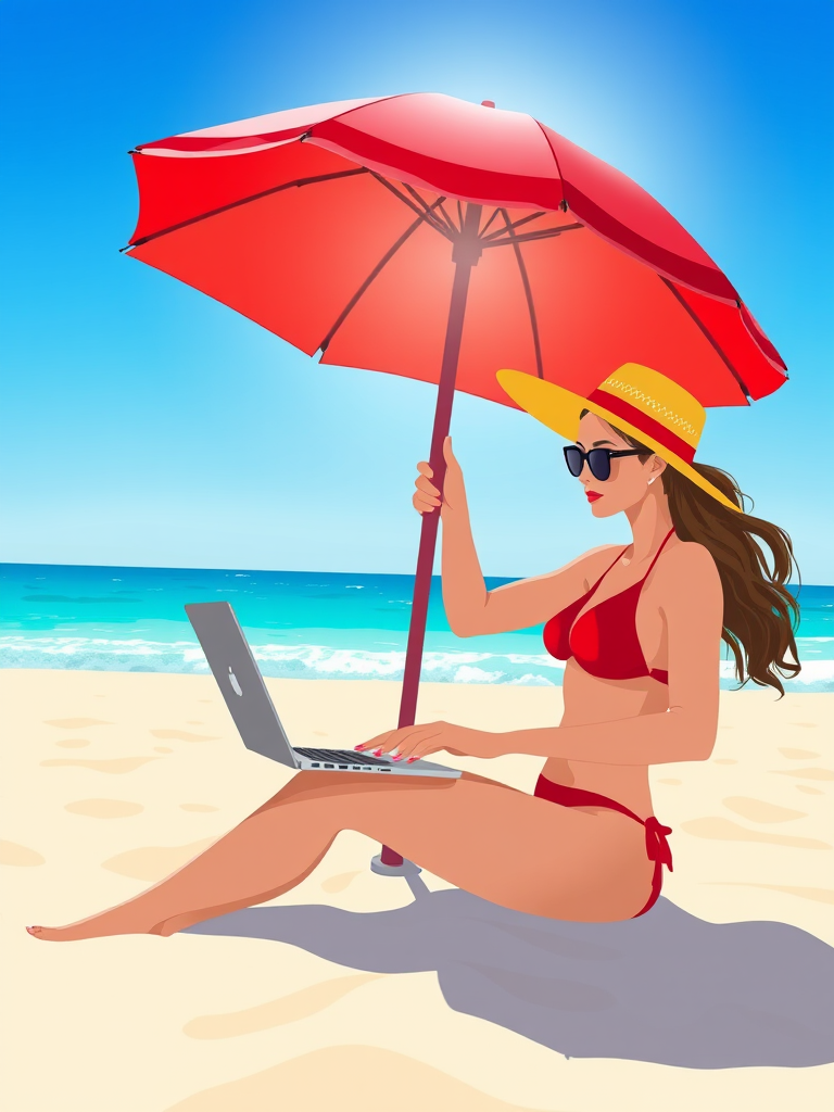 Create an illustration of a woman in a red bikini working on a laptop under a bright red umbrella on a sandy beach with clear blue skies and a shining sun, using a Canon EOS 5D Mark IV at f/8, ISO 100, and a focal length of 50mm for enhanced clarity and detail.