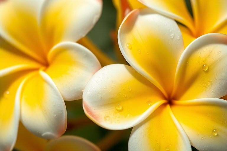 close-up of yellow and white plumeria flowers with droplets of water, natural lighting, shallow depth of field, aperture f/2.8, ISO 100, 50mm lens, macro perspective, DSLR camera