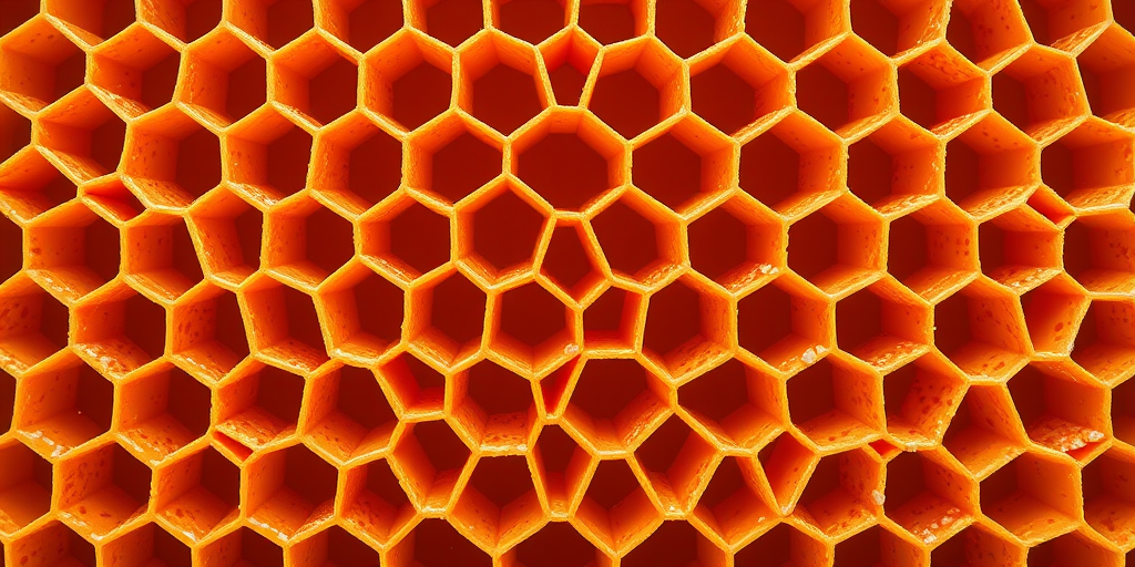 Create a high-resolution image of a honeycomb pattern with orange hexagons, top-down view, f/8 aperture, ISO 100, 24mm focal length, DSLR camera, studio lighting for clarity.