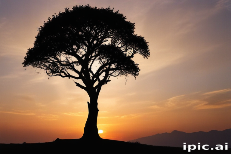 A Majestic Tree Silhouette Against a Vibrant Sunset Over the Mountains.