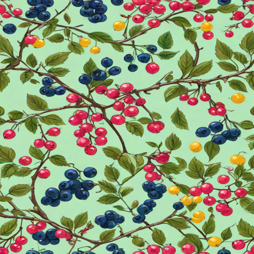 Create a seamless pattern featuring branches with various colorful berries including pink, green, blue, purple, and yellow, against a light green background.