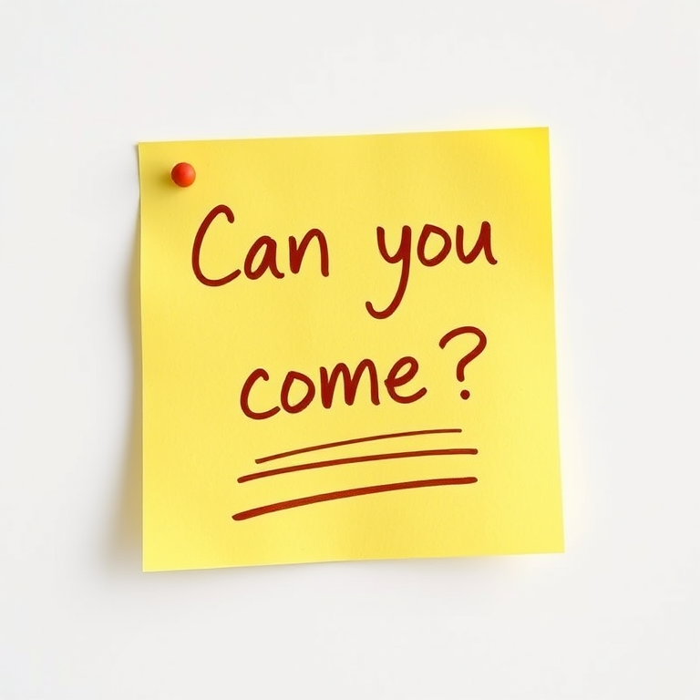 Yellow post-it note, hand written in brown pen text "Can you come??", 3d, hd, hyper realistic,