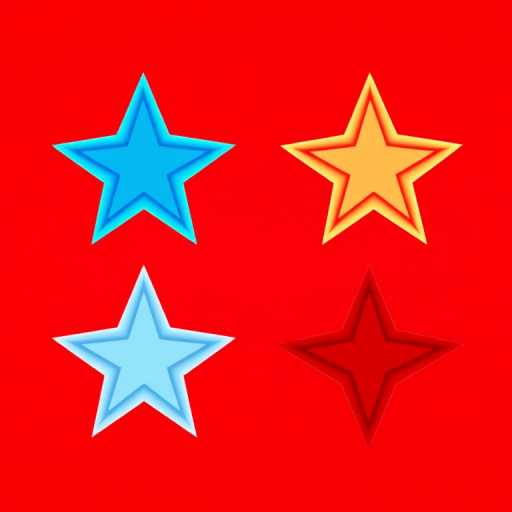 Create a high-resolution vector image of four stylized stars in different colors: top left blue, top right red, bottom left light blue, bottom right dark red, using a Canon EOS 5D Mark IV, f/8 aperture, 1/60s shutter speed, 50mm lens, and vibrant colors with smooth gradients.