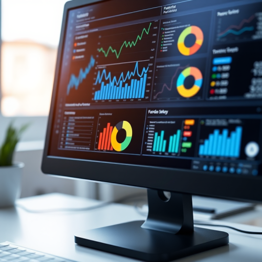 Create a high-resolution digital illustration of a computer monitor displaying detailed graphs and statistics, with a focus on blue line charts and colorful pie charts, using a 50mm lens, f/2.8 aperture, ISO 100, shot from a front view with soft diffused lighting, in a clean and modern style.