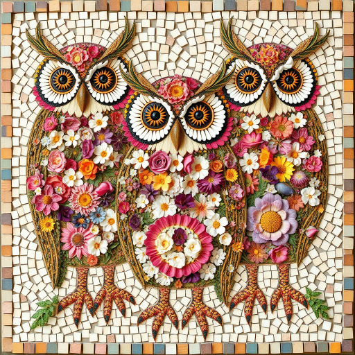 A mosaic of floral owls, each owl intricately composed of individual flower blossoms. The design showcases a delicate balance of nature and form, where the feathers of the owls are replaced by vibrant petals and blooms. The overall appearance is whimsical yet detailed, with each floral element contributing to the intricate patterns of the owl’s body. The artwork embraces a raw, organic style, with natural hues and soft textures, creating a harmonious blend of flora and fauna. The mosaic arrangement adds depth and visual intrigue to the piece, evoking a sense of wonder and artistic beauty.