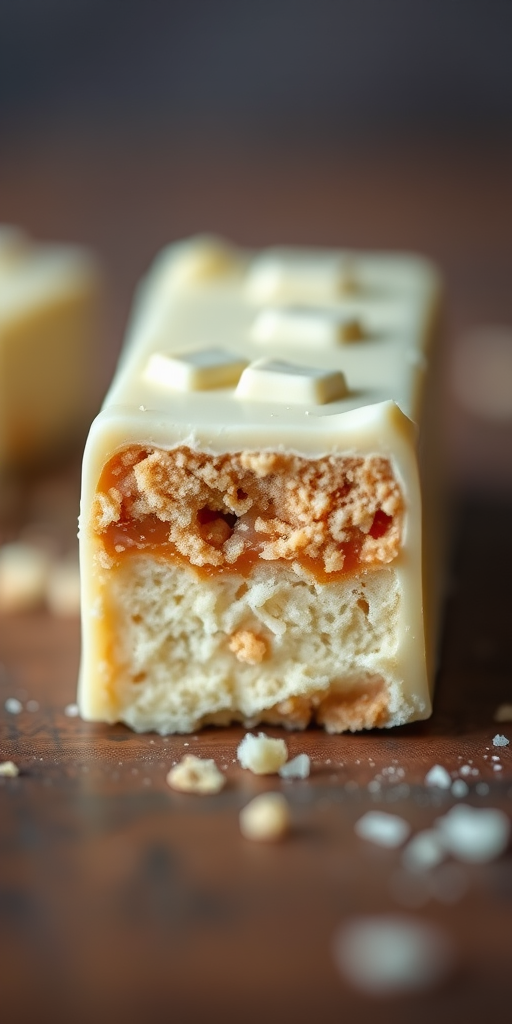 Create an image of a cross-section of a white chocolate-covered dessert bar with a crumbly texture and a caramel layer, taken with a DSLR camera at f/2.8 aperture, 50mm lens, with natural lighting and a shallow depth of field to enhance detail and background blur.