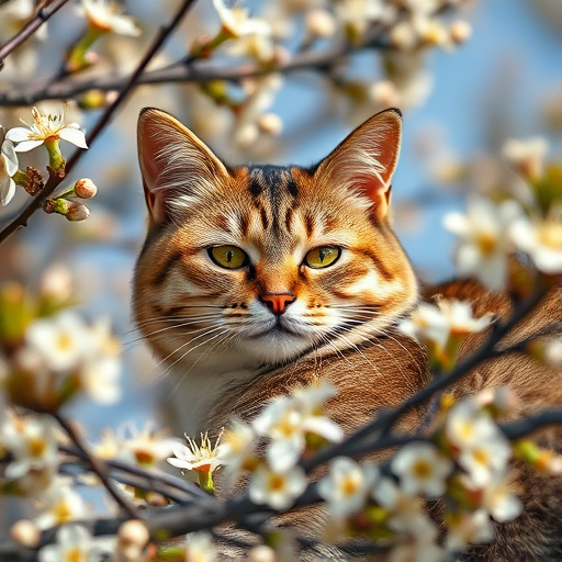 Capture a close-up photograph of a cat resting among flowering branches on a sunny day, using a DSLR camera with an aperture of f/2.8, ISO 200, and a shutter speed of 1/500s, employing a shallow depth of field to blur the background and highlight the cat's features, taken from eye level with natural lighting to enhance colors and textures.