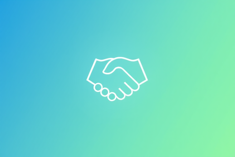create a minimalistic handshake icon on a gradient background with a soft blue to green transition, using a DSLR camera with a 50mm lens, f/2.8 aperture, 1/200 sec shutter speed, and ISO 100 for high clarity and detail.