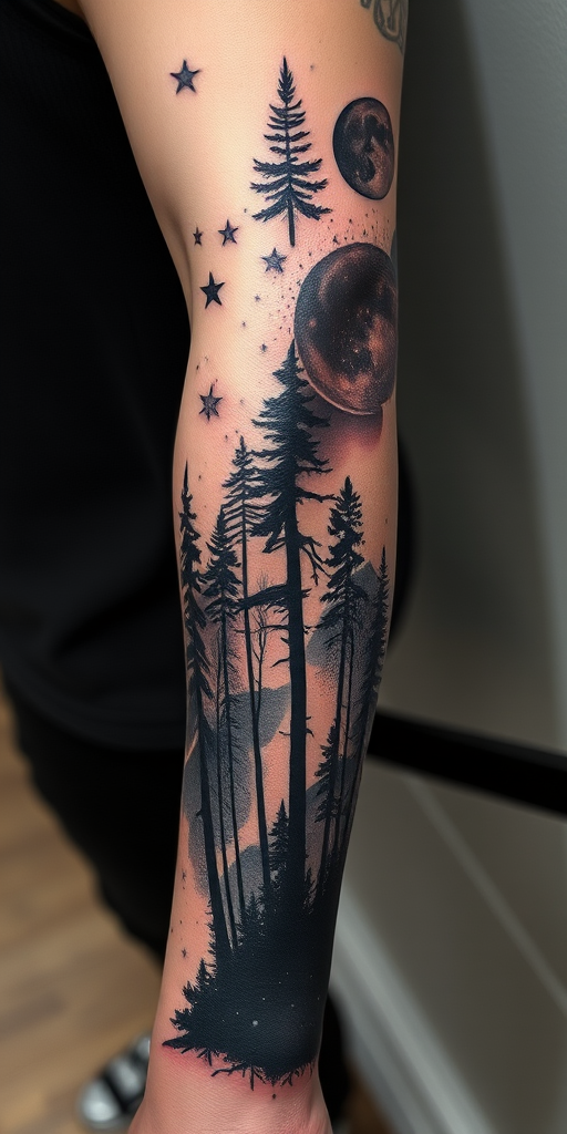 Ethereal negative space tattoo covering the entire arm, revealing a cosmic scene within the silhouette of a forest, utilizing clever use of empty space and black ink to create a captivating contrast