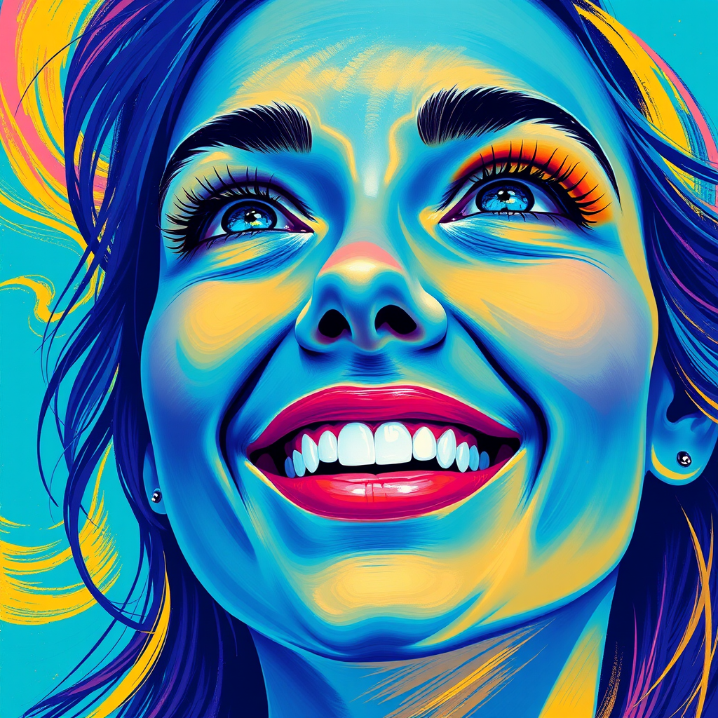 Generate a psychedelic portrait of a woman's happy face with brushstrokes of a woman smiling and looking up at the sky, emphasizing bright and bold colors. The dominant color should be deep blue, with swirling patterns of yellow, green, pink, purple and orange. open blue eyes with long eyelashes, apply an orange-yellow eyeshadow for a mesmerizing effect.