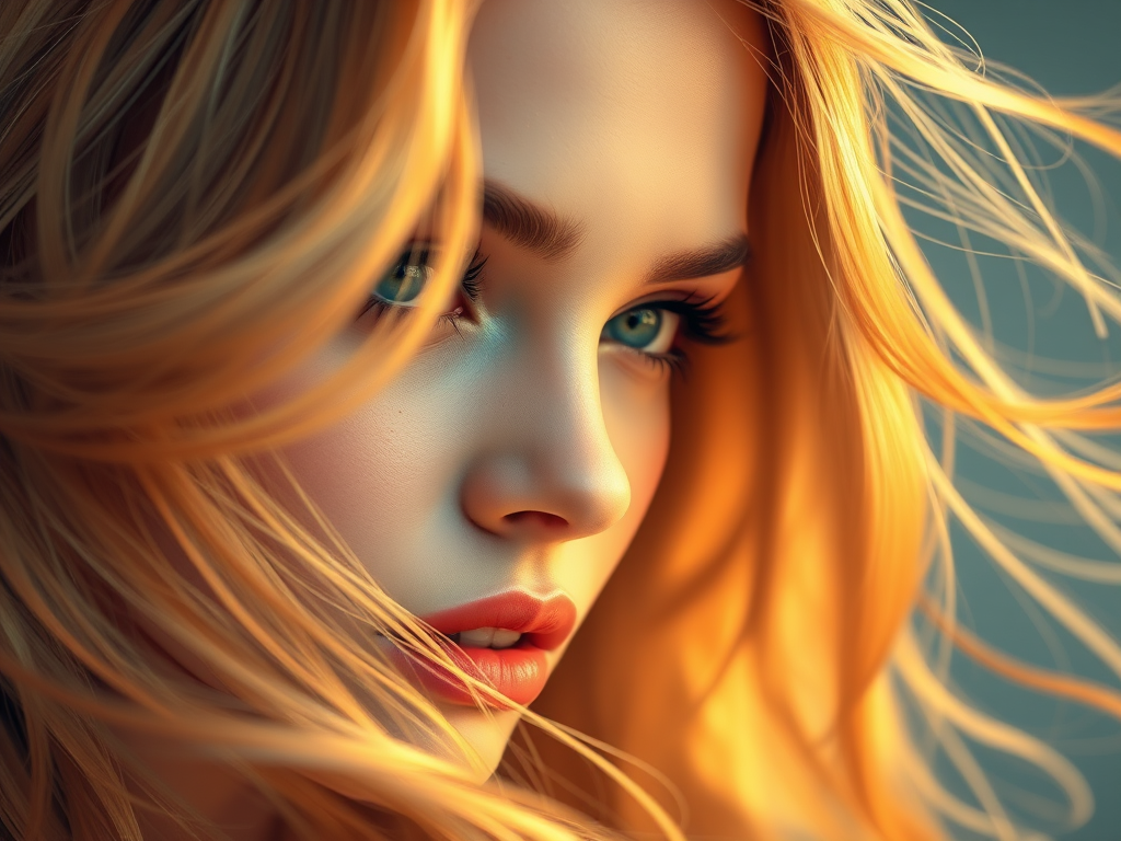 Generate a high-resolution digital illustration of a stylized woman with flowing golden hair, using a close-up shot with a soft focus effect, captured on a DSLR camera with an aperture of f/2.8 and ISO 100, applying a vibrant color filter for enhanced luminosity.