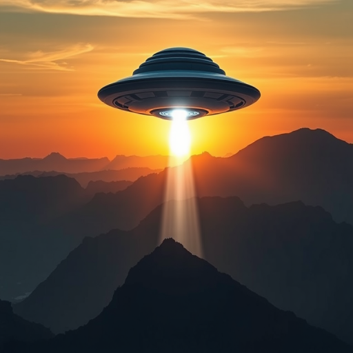 Create an image of a futuristic UFO hovering above a serene mountain landscape during sunset, with a beam of light emerging from its bottom, captured with a DSLR camera at f/11 aperture, ISO 100, shutter speed 1/200s, wide-angle lens, in high dynamic range style.