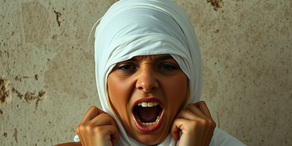 Create a close-up photographic image of a taino woman with light skin tones shown against an old, worn wall. Their head is wrapped in a white cloth covering (i.e.... parts of the head except the nose and mouth, which are open as if they are screaming...), with a slight texture and visible folds in the fabric. Thin strands of blonde hair escape from the wrapping above, falling lightly at the top and sides. Their hands hold the fabric as if they are tugging nervously. The lighting is dramatic and even, casting strong shadows. The image has a minimalist and surreal style with an emphasis on simplicity with soft color tones. The composition is centered.