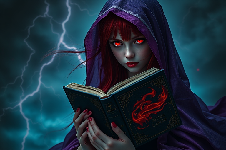 Create an image of a mysterious girl with long red hair and glowing red eyes, wearing a flowing purple veil, holding a dark book with swirling flames, set against a stormy background with lightning, shot from a close-up angle using a Canon EOS R6 camera, aperture f/1.8, shutter speed 1/200s, ISO 200, and in portrait mode for enhanced detail and depth.