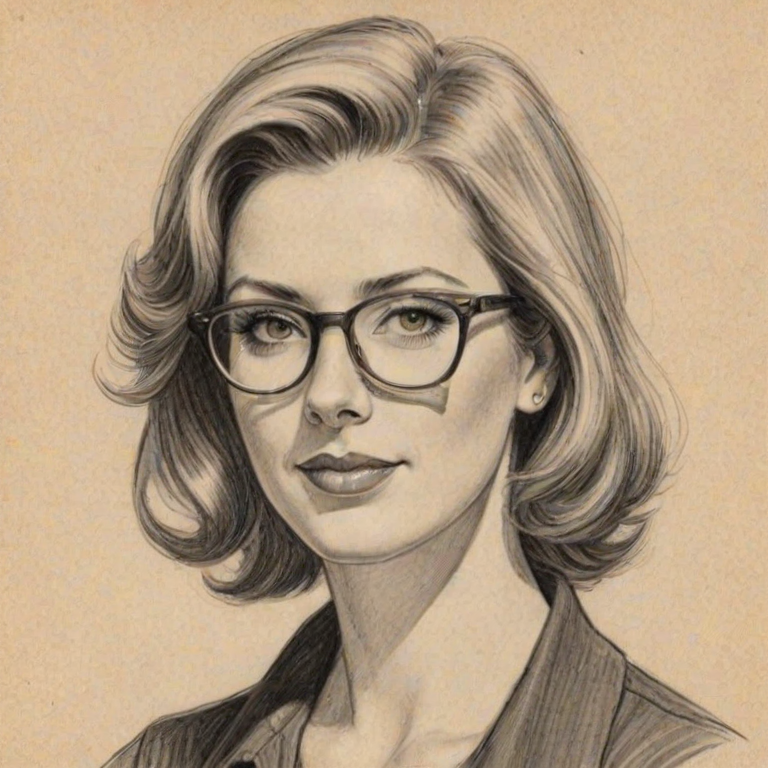 Wonderful Diane Neal, pencil sketch, portrait of Radiant woman 1933s in glasses, hair style beatnik, outline, clear lines, fine lines, 8k