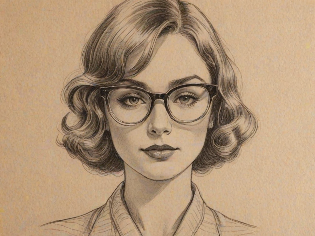 Gorgeous Demi Burnett, pencil sketch, portrait of Beauteous woman 1927s in glasses, hair style beatnik, outline, clear lines, fine lines, 8k
