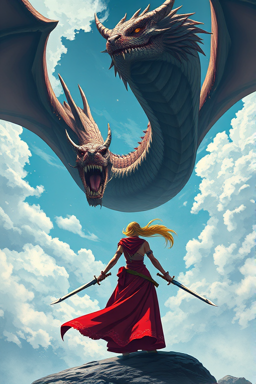 create a high-resolution fantasy illustration of a fierce female warrior in a flowing red dress standing in a dramatic pose with dual swords, facing a massive serpent-like dragon with ominous eyes and an open mouth in a dynamic sky filled with clouds, using a DSLR camera with a 50mm lens, f/1.8 aperture, ISO 200, and a low-angle perspective to enhance the depth and drama of the scene.