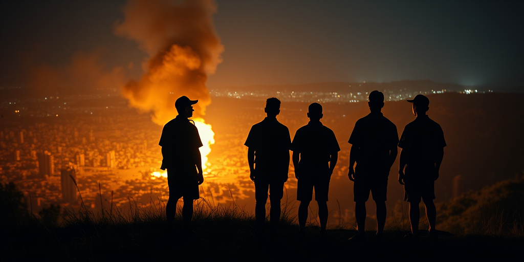 Create a dramatic night scene featuring four silhouetted figures in scout uniforms standing on a grassy hill, gazing at a fiery explosion in a devastated cityscape, shot with a Canon EOS R5 at f/4, ISO 100, 24mm, using a wide-angle lens for a cinematic perspective.