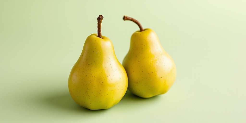 photorealistic image of two ripe green pears on a soft pastel green background, ISO 100, f/4.0, 1/200 sec, 50mm lens, natural lighting, DSLR camera