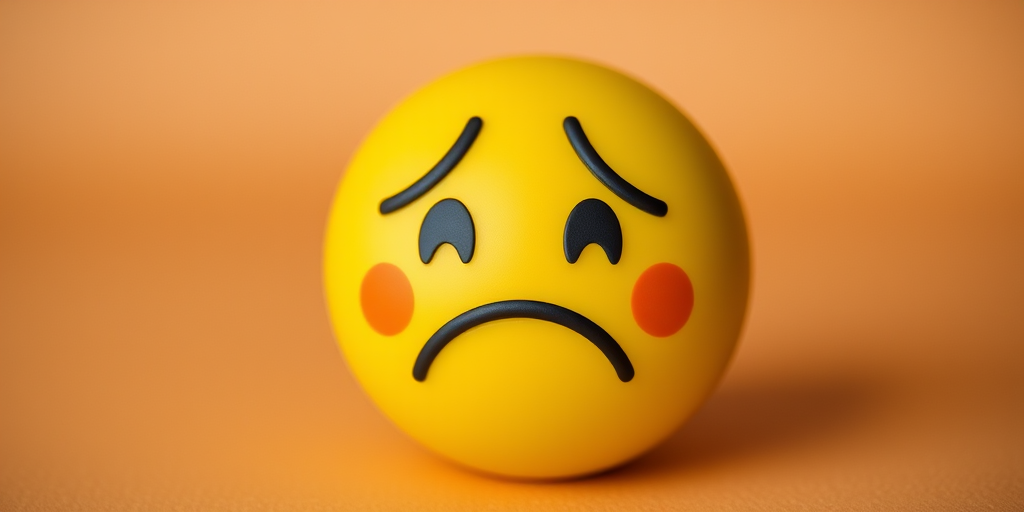 Create a high-resolution image of a sad emoji with a smooth gradient background, using a DSLR camera with a 50mm lens, aperture set to f/2.8, shutter speed 1/100s, and ISO 200, capturing a close-up view with soft lighting to enhance details and contrast.