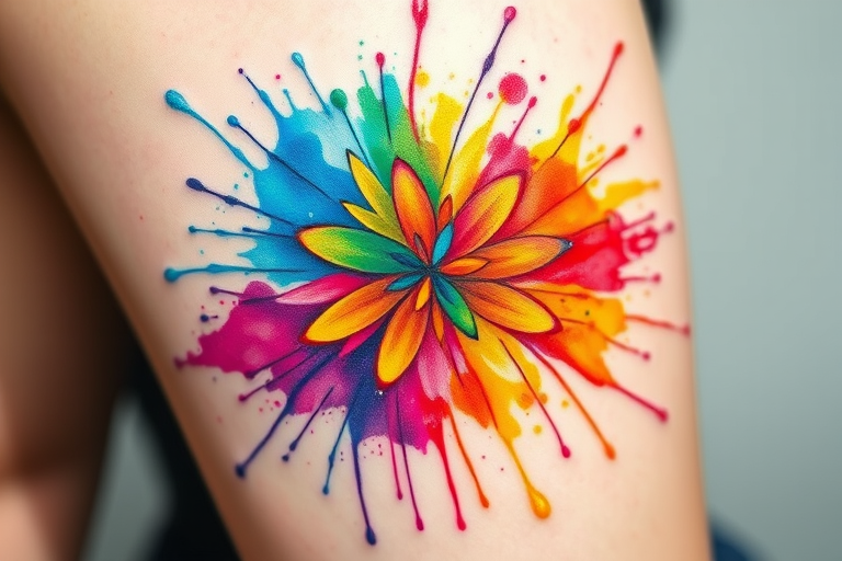 Watercolor splash tattoo named "Prismatic Explosion" showcasing a burst of vibrant rainbow colors that appear to explode outwards from a central point, with delicate splatters and drips creating a sense of movement and energy, perfect for those who want to express their colorful personality and zest for life through their body art.