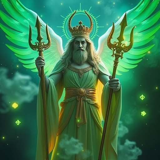 Create a vibrant digital artwork of a divine figure holding a trident, surrounded by ethereal green mist and glowing symbols, shot with a Canon EOS R5, 85mm lens, aperture f/1.8, ISO 100, using soft focus and dramatic lighting to enhance the mystical atmosphere.