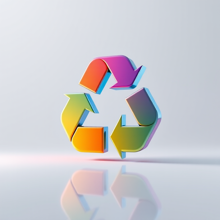 Create a vibrant, high-resolution image of a 3D recycling symbol with smooth gradients and reflections, using a Canon EOS R5 camera, f/4 aperture, ISO 100, 50mm lens, in a clean studio setting with soft lighting for enhanced detail and clarity.